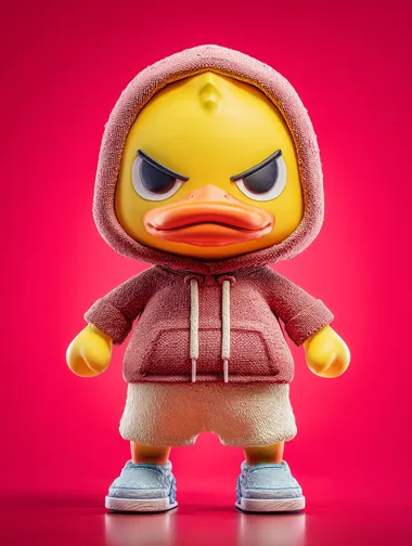 Cute little duck, wearing a hoodie and shorts with an angry expression, in an anthropomorphic style, a blind box toy, with a bubble mat style, a full-body portrait, on a solid color background, in a standing posture, captured in high-definition photography, with studio lighting, featuring a super-detailed character design and model rendering effect.