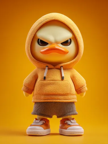 Cute little duck, wearing a hoodie and shorts with an angry expression, in an anthropomorphic style, a blind box toy, with a bubble mat style, a full-body portrait, on a solid color background, in a standing posture, captured in high-definition photography, with studio lighting, featuring a super-detailed character design and model rendering effect.