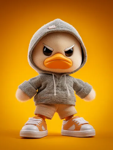 Cute little duck, wearing a hoodie and shorts with an angry expression, in an anthropomorphic style, a blind box toy, with a bubble mat style, a full-body portrait, on a solid color background, in a standing posture, captured in high-definition photography, with studio lighting, featuring a super-detailed character design and model rendering effect.