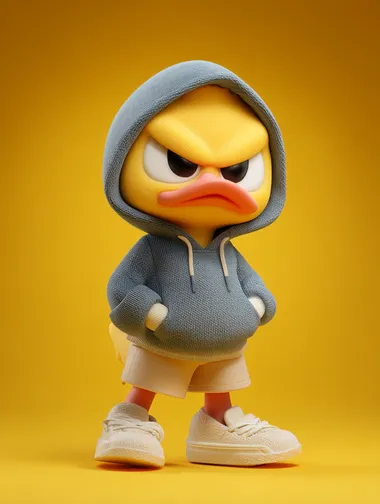 Cute little duck, wearing a hoodie and shorts with an angry expression, in an anthropomorphic style, a blind box toy, with a bubble mat style, a full-body portrait, on a solid color background, in a standing posture, captured in high-definition photography, with studio lighting, featuring a super-detailed character design and model rendering effect.