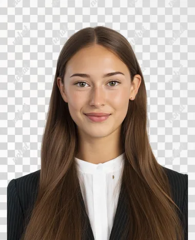 85mm DSLR colour photography of a very detailed headshot fitting all of head and hair in frame. 19 year old female French teacher, smile, fashionable suit, white background, professional,     --raw