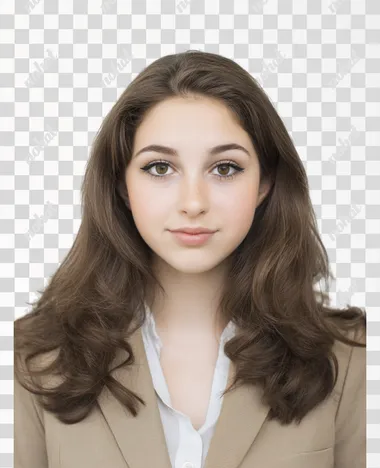 85mm DSLR colour photography of a very detailed headshot fitting all of head and hair in frame. 19 year old female French teacher, smile, fashionable suit, white background, professional,     --raw
