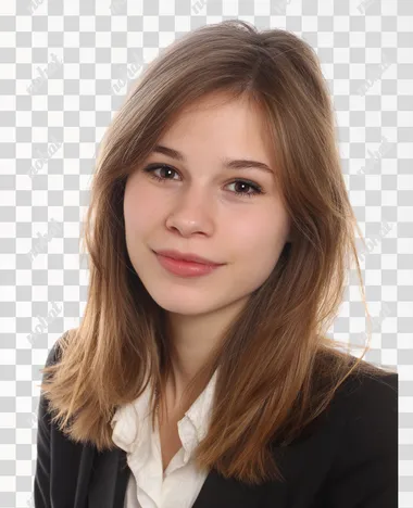 85mm DSLR colour photography of a very detailed headshot fitting all of head and hair in frame. 19 year old female French teacher, smile, fashionable suit, white background, professional,     --raw