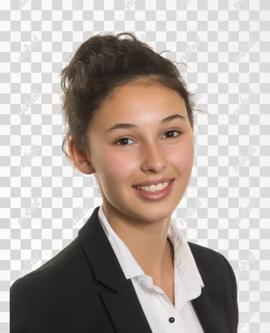 85mm DSLR colour photography of a very detailed headshot fitting all of head and hair in frame. 19 year old female French teacher, smile, fashionable suit, white background, professional,     --raw