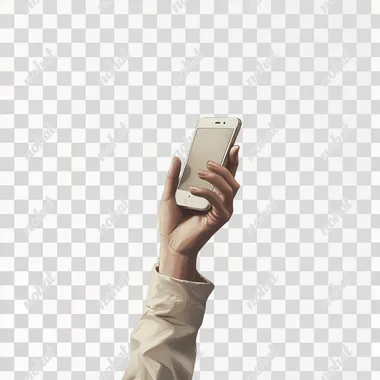 a stock image of a hand holding a phone, white background, stcok image style, realistic, photorealistic  --s 50