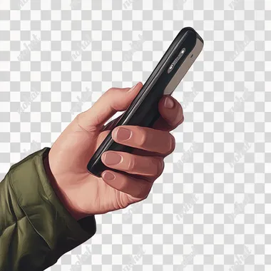 a stock image of a hand holding a phone, white background, stcok image style, realistic, photorealistic  --s 50