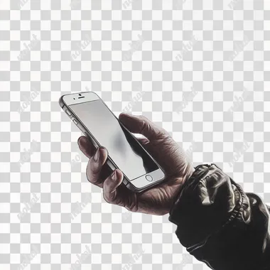 a stock image of a hand holding a phone, white background, stcok image style, realistic, photorealistic  --s 50