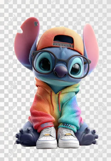 3D cartoon, a cute baby Stitch wearing glasses and a colorful hoodie with a cap, sitting on the floor , against a white background.