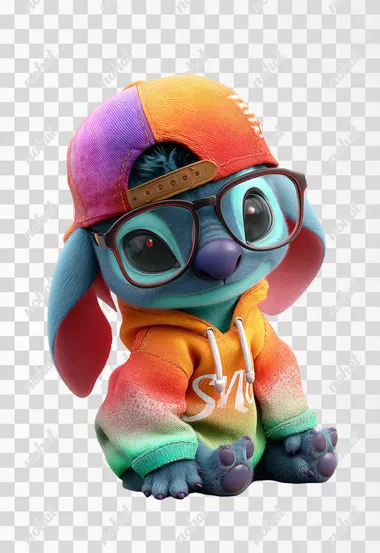 3D cartoon, a cute baby Stitch wearing glasses and a colorful hoodie with a cap, sitting on the floor , against a white background.