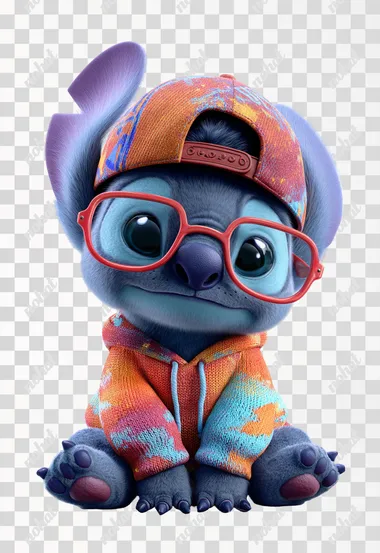 3D cartoon, a cute baby Stitch wearing glasses and a colorful hoodie with a cap, sitting on the floor , against a white background.