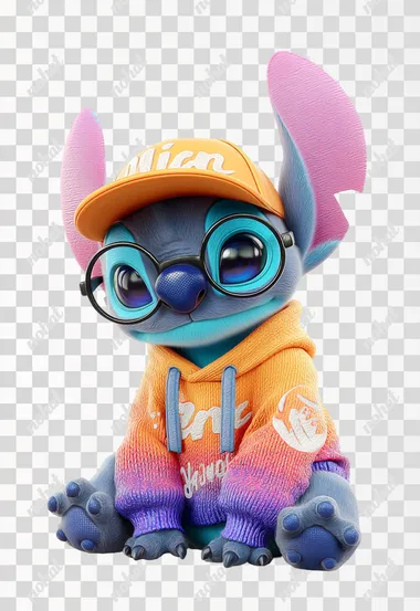 3D cartoon, a cute baby Stitch wearing glasses and a colorful hoodie with a cap, sitting on the floor , against a white background.