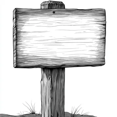 create a stylized black and white line drawing of a blank wooden 2x4 sign; sign is rectangle; sign post is made out of wood;