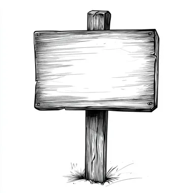 create a stylized black and white line drawing of a blank wooden 2x4 sign; sign is rectangle; sign post is made out of wood;