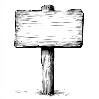 create a stylized black and white line drawing of a blank wooden 2x4 sign; sign is rectangle; sign post is made out of wood;