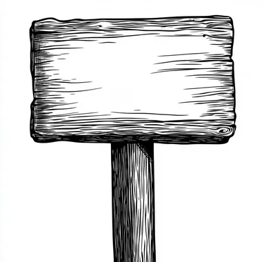 create a stylized black and white line drawing of a blank wooden 2x4 sign; sign is rectangle; sign post is made out of wood;