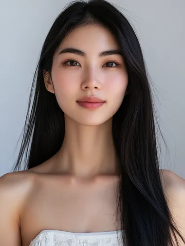 a 20s beautiful Korean model with straight black long hair, beauty photography, looking front, wearing a strapless top, bright mood, 8K resolution, front lighting white background, Canon professional camera with an aperture of 5.2 against a grey background