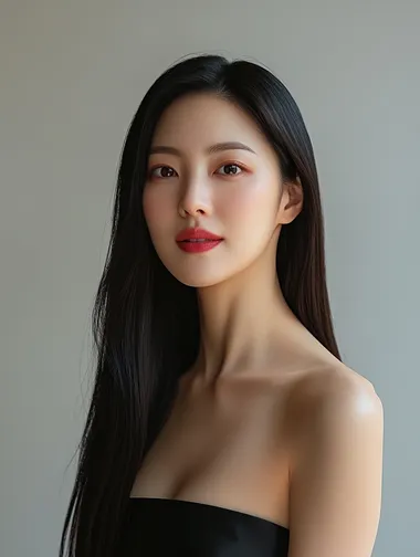 a 20s beautiful Korean model with straight black long hair, beauty photography, looking front, wearing a strapless top, bright mood, 8K resolution, front lighting white background, Canon professional camera with an aperture of 5.2 against a grey background