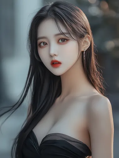 a 20s beautiful Korean model with straight black long hair, beauty photography, looking front, wearing a strapless top, bright mood, 8K resolution, front lighting white background, Canon professional camera with an aperture of 5.2 against a grey background