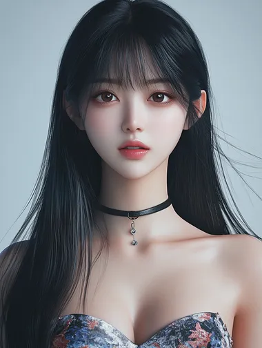 a 20s beautiful Korean model with straight black long hair, beauty photography, looking front, wearing a strapless top, bright mood, 8K resolution, front lighting white background, Canon professional camera with an aperture of 5.2 against a grey background