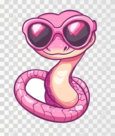 A cute snake wearing heart-shaped sunglasses, simple drawing style with thick lines and solid colors, flat vector illustration for clipart graphic design on a white background. Cartoon character in a pink pastel color scheme, a zodiac sign symbol. Simple chibi sticker isolated on a white background.