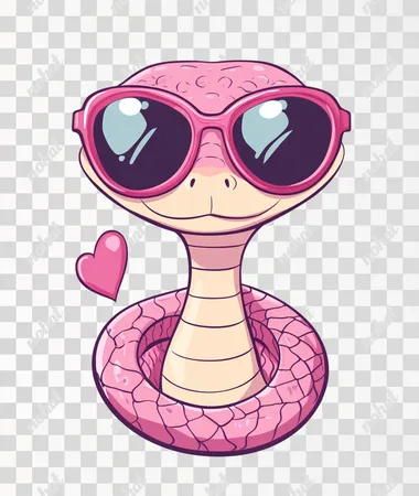 A cute snake wearing heart-shaped sunglasses, simple drawing style with thick lines and solid colors, flat vector illustration for clipart graphic design on a white background. Cartoon character in a pink pastel color scheme, a zodiac sign symbol. Simple chibi sticker isolated on a white background.