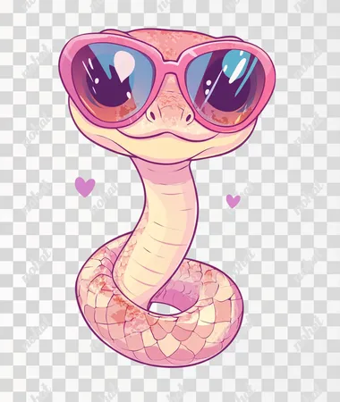A cute snake wearing heart-shaped sunglasses, simple drawing style with thick lines and solid colors, flat vector illustration for clipart graphic design on a white background. Cartoon character in a pink pastel color scheme, a zodiac sign symbol. Simple chibi sticker isolated on a white background.