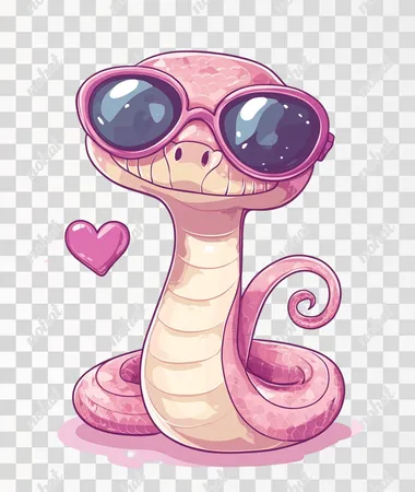 A cute snake wearing heart-shaped sunglasses, simple drawing style with thick lines and solid colors, flat vector illustration for clipart graphic design on a white background. Cartoon character in a pink pastel color scheme, a zodiac sign symbol. Simple chibi sticker isolated on a white background.