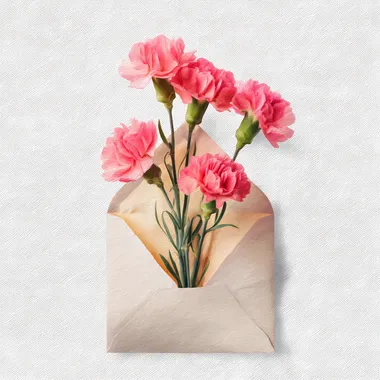 Beautiful pink carnations in an envelope, isolated on a transparent background. Clipart illustration with a pastel color palette, in a watercolor style. Cute and dreamy, with soft lighting, high resolution