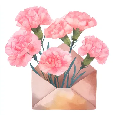 Beautiful pink carnations in an envelope, isolated on a transparent background. Clipart illustration with a pastel color palette, in a watercolor style. Cute and dreamy, with soft lighting, high resolution