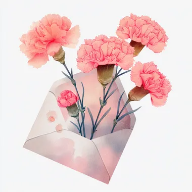 Beautiful pink carnations in an envelope, isolated on a transparent background. Clipart illustration with a pastel color palette, in a watercolor style. Cute and dreamy, with soft lighting, high resolution