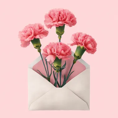 Beautiful pink carnations in an envelope, isolated on a transparent background. Clipart illustration with a pastel color palette, in a watercolor style. Cute and dreamy, with soft lighting, high resolution