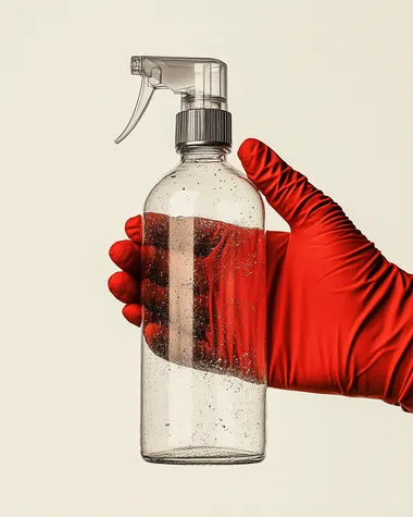 highly detailed image of a hand in red medical glove holding a full size all glass spray bottle beautifully designed against a soft warm white background, minimal design, intricate details, 32k, megapixel, super-resolution, upscaled, ultra real, insane detail