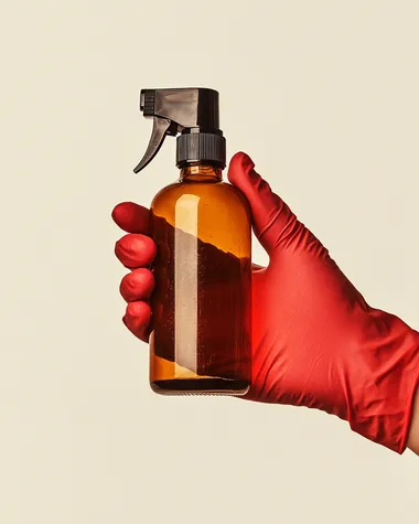 highly detailed image of a hand in red medical glove holding a full size all glass spray bottle beautifully designed against a soft warm white background, minimal design, intricate details, 32k, megapixel, super-resolution, upscaled, ultra real, insane detail