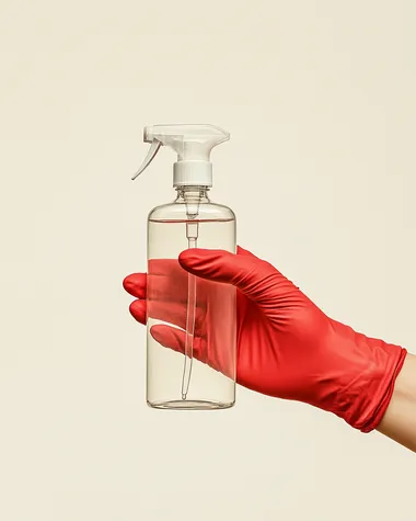 highly detailed image of a hand in red medical glove holding a full size all glass spray bottle beautifully designed against a soft warm white background, minimal design, intricate details, 32k, megapixel, super-resolution, upscaled, ultra real, insane detail