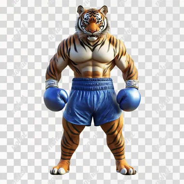 tiger character, thai boxing pose, 100% white background, simple, full color, 3D model, light and shadow, no shoes, blue thai boxing short, flat color,