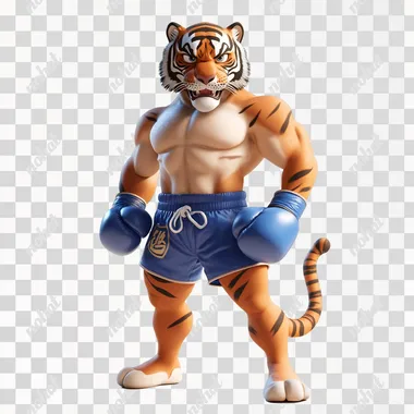 tiger character, thai boxing pose, 100% white background, simple, full color, 3D model, light and shadow, no shoes, blue thai boxing short, flat color,