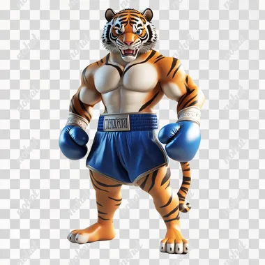 tiger character, thai boxing pose, 100% white background, simple, full color, 3D model, light and shadow, no shoes, blue thai boxing short, flat color,