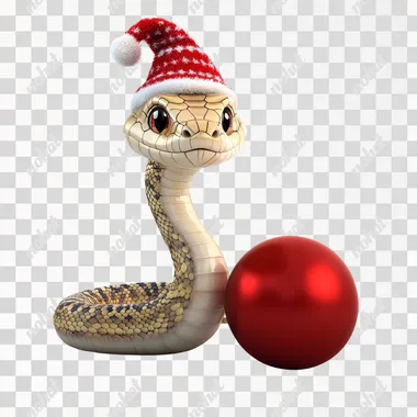 image of a cute 3D cartoon snake in a New Year's cap near a red New Year's ball. Image on a white background