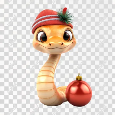 image of a cute 3D cartoon snake in a New Year's cap near a red New Year's ball. Image on a white background