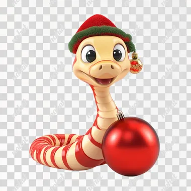image of a cute 3D cartoon snake in a New Year's cap near a red New Year's ball. Image on a white background