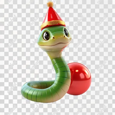 image of a cute 3D cartoon snake in a New Year's cap near a red New Year's ball. Image on a white background