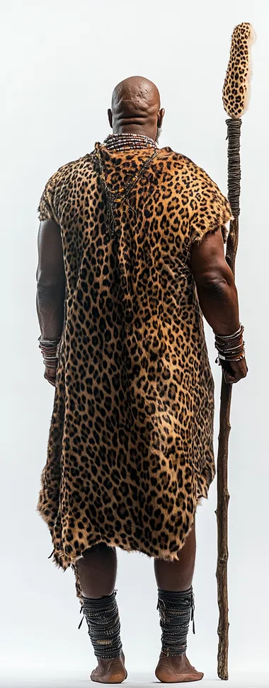 rear view, figure slightly turned to the right. Photograph of an African man in traditional Zulu attire holding a glowing sisekis sword in one hand and a staff woven from leopard skin in the other, against a white background. He is wearing a leopard skin cloak. With a very small, white beard. In the style of the Marvel movies, a full-length portrait.