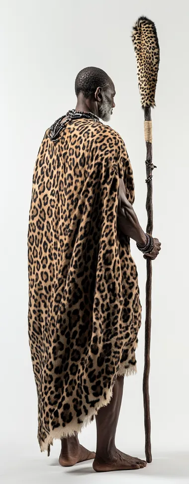 rear view, figure slightly turned to the right. Photograph of an African man in traditional Zulu attire holding a glowing sisekis sword in one hand and a staff woven from leopard skin in the other, against a white background. He is wearing a leopard skin cloak. With a very small, white beard. In the style of the Marvel movies, a full-length portrait.
