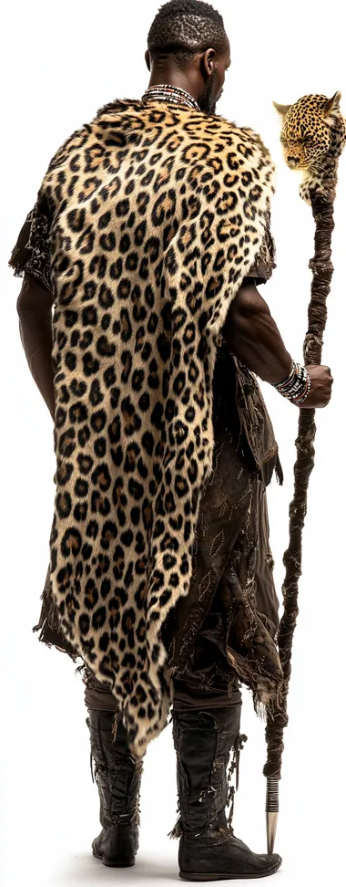 rear view, figure slightly turned to the right. Photograph of an African man in traditional Zulu attire holding a glowing sisekis sword in one hand and a staff woven from leopard skin in the other, against a white background. He is wearing a leopard skin cloak. With a very small, white beard. In the style of the Marvel movies, a full-length portrait.