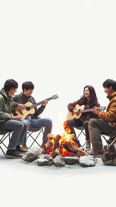 A professional 8K ultra-realistic photograph of four Korean men and women sitting on camping chairs, enjoying their time together. One person is playing a guitar while others are happily conversing. In the center, a campfire burns brightly, creating a warm and inviting ambiance. The background is completely white, minimalist, and free of distractions, emphasizing the people and the scene. Captured by a professional photographer with surreal lighting and incredible detail in expressions and textures.