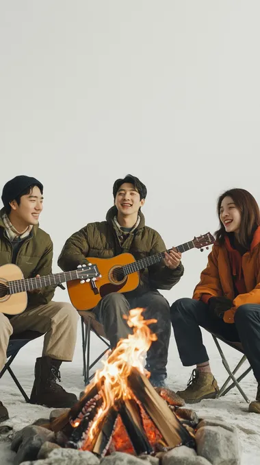 A professional 8K ultra-realistic photograph of four Korean men and women sitting on camping chairs, enjoying their time together. One person is playing a guitar while others are happily conversing. In the center, a campfire burns brightly, creating a warm and inviting ambiance. The background is completely white, minimalist, and free of distractions, emphasizing the people and the scene. Captured by a professional photographer with surreal lighting and incredible detail in expressions and textures.