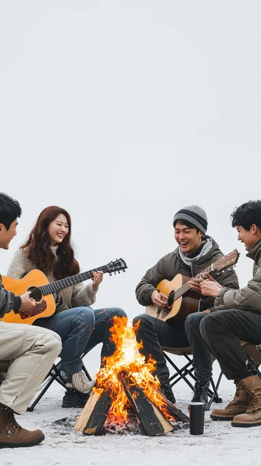 A professional 8K ultra-realistic photograph of four Korean men and women sitting on camping chairs, enjoying their time together. One person is playing a guitar while others are happily conversing. In the center, a campfire burns brightly, creating a warm and inviting ambiance. The background is completely white, minimalist, and free of distractions, emphasizing the people and the scene. Captured by a professional photographer with surreal lighting and incredible detail in expressions and textures.