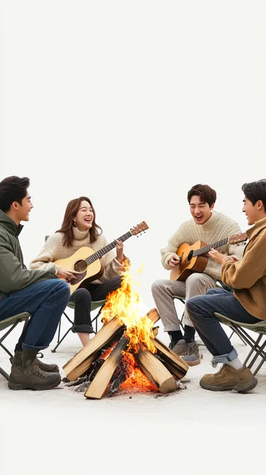A professional 8K ultra-realistic photograph of four Korean men and women sitting on camping chairs, enjoying their time together. One person is playing a guitar while others are happily conversing. In the center, a campfire burns brightly, creating a warm and inviting ambiance. The background is completely white, minimalist, and free of distractions, emphasizing the people and the scene. Captured by a professional photographer with surreal lighting and incredible detail in expressions and textures.