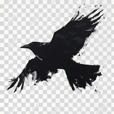 A FLYING BLACK CROW SILHOUETTE ON A WHITE BACKGROUND