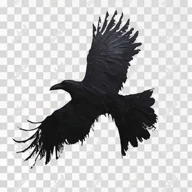 A FLYING BLACK CROW SILHOUETTE ON A WHITE BACKGROUND